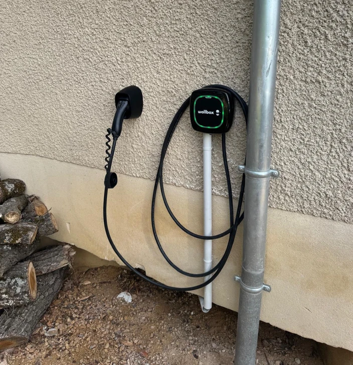 Ext&eacute;rieur, borne de recharge &eacute;lectrique ChargePoint install&eacute;e dans un environnement r&eacute;sidentiel avec v&eacute;g&eacute;tation en arri&egrave;re-plan